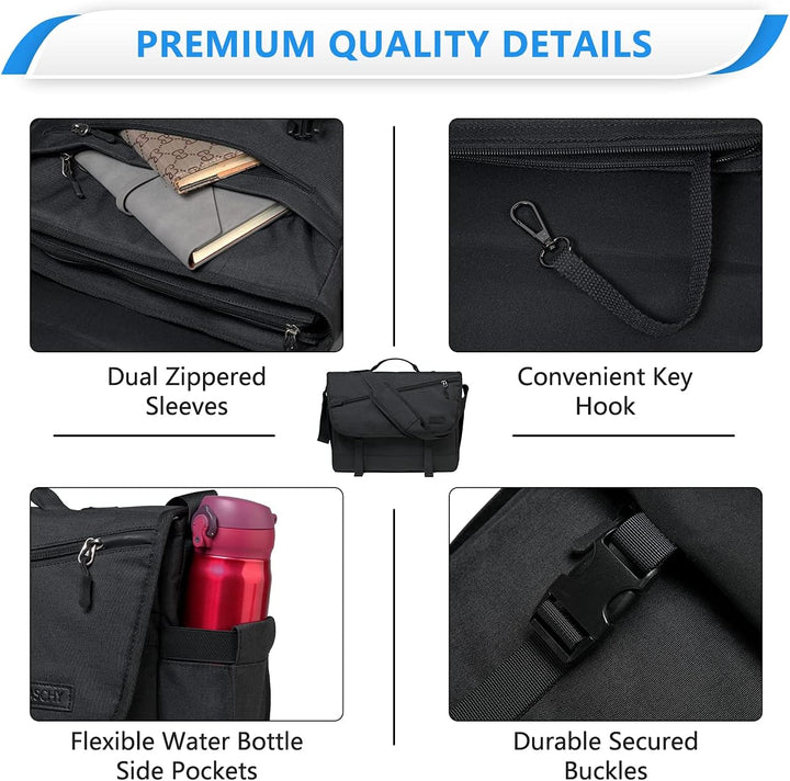Back view of water-resistant laptop messenger bag, highlighting secure zip pockets & a comfortable carry design.