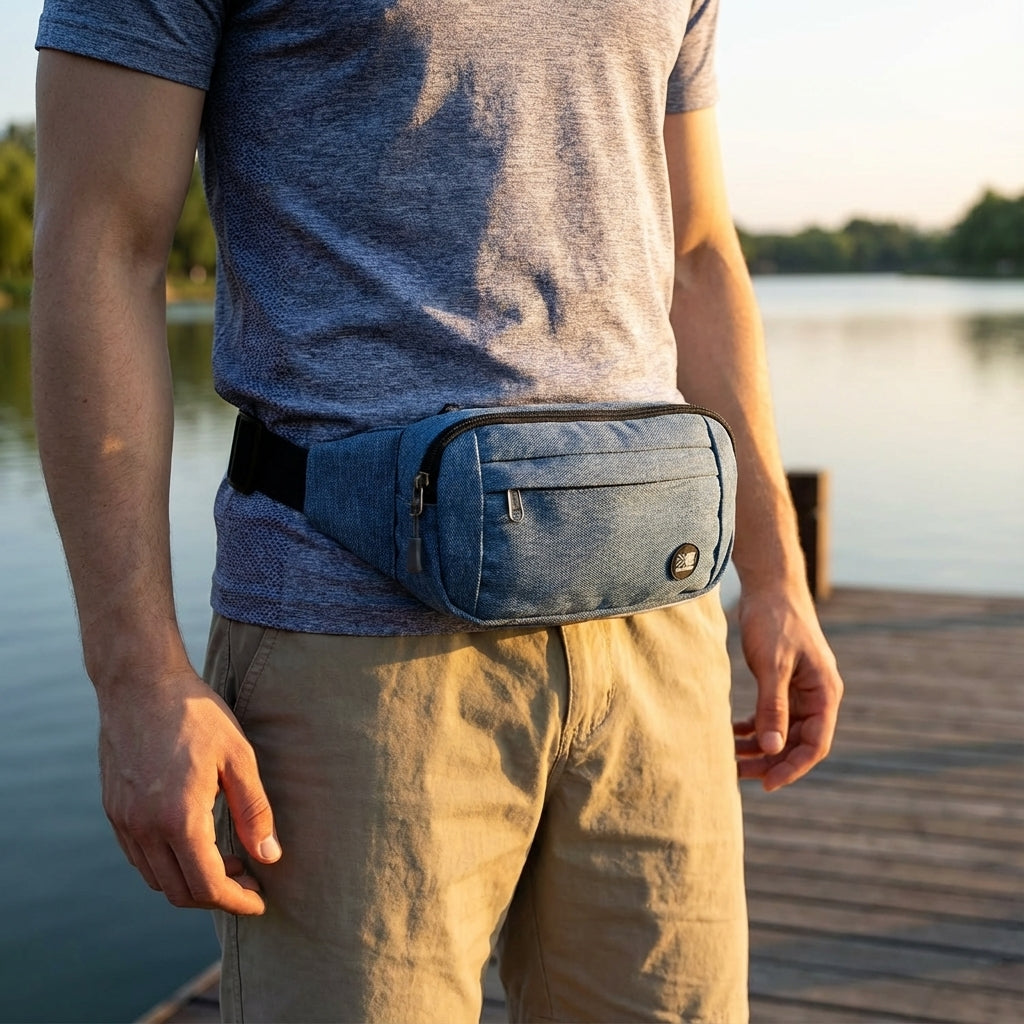 Slim waterproof hip bag, perfect for active lifestyles, running, & travel. Unisex design.