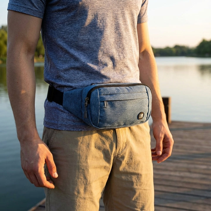 Slim waterproof hip bag, perfect for active lifestyles, running, & travel. Unisex design.