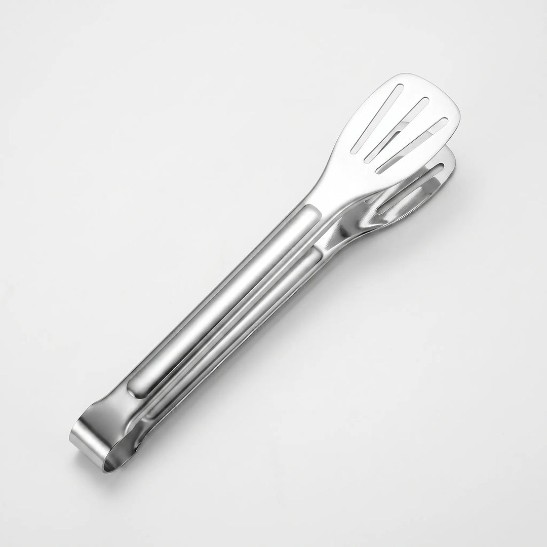 Unisex slotted cooking tongs for easy grilling, frying, and serving hot foods in the home kitchen.
