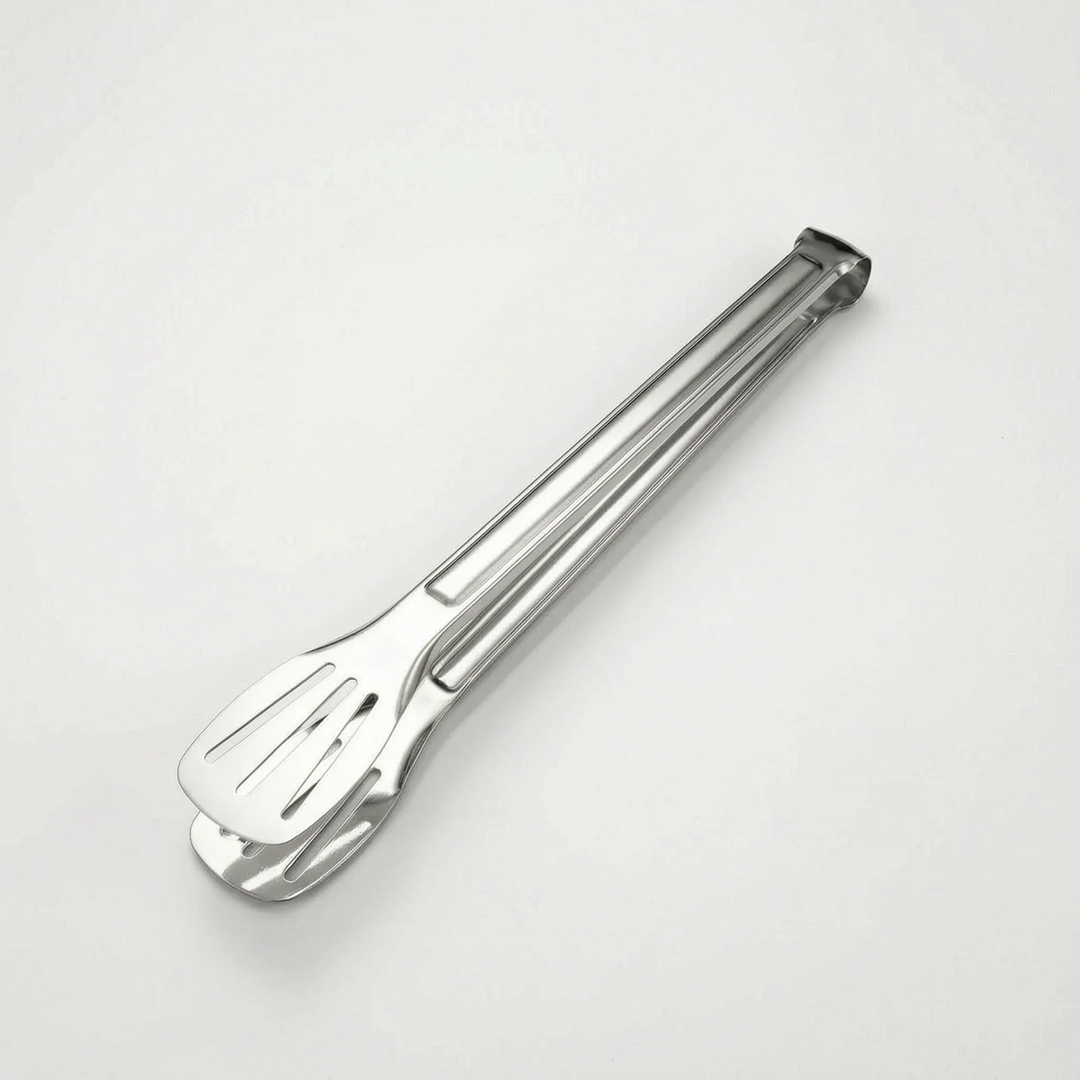 Durable slotted kitchen tongs, perfect for draining grease while grilling or serving a variety of foods.