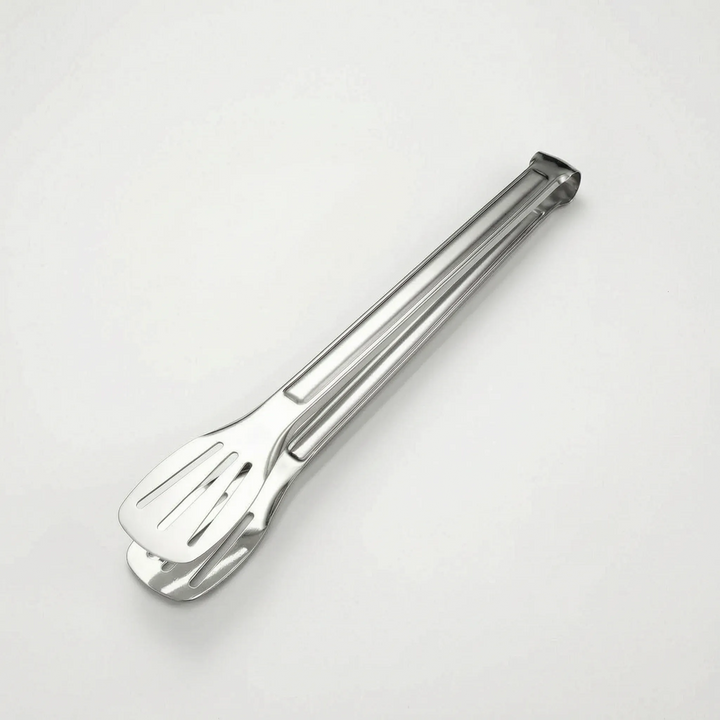 Durable slotted kitchen tongs, perfect for draining grease while grilling or serving a variety of foods.