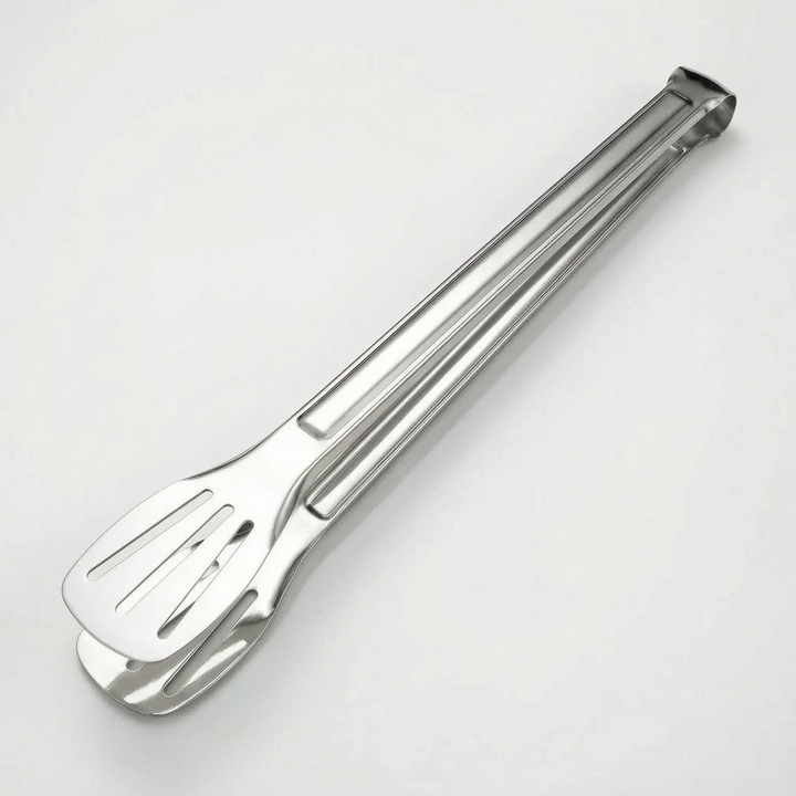 Multi-purpose slotted stainless steel tongs for cooking, grilling, serving salads, and handling hot foods.