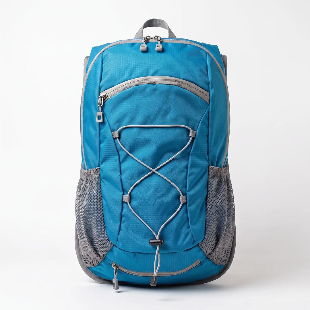Front view of a small tactical outdoor backpack featuring MOLLE webbing and multiple utility pockets for hiking.
