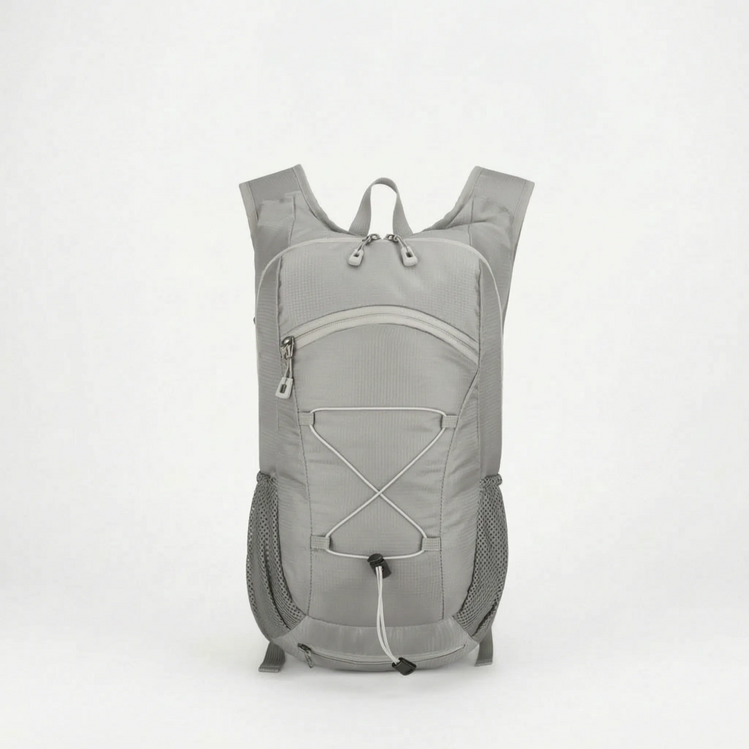 Ergonomic back and padded shoulder straps on a small black tactical backpack, comfy for long outdoor treks.