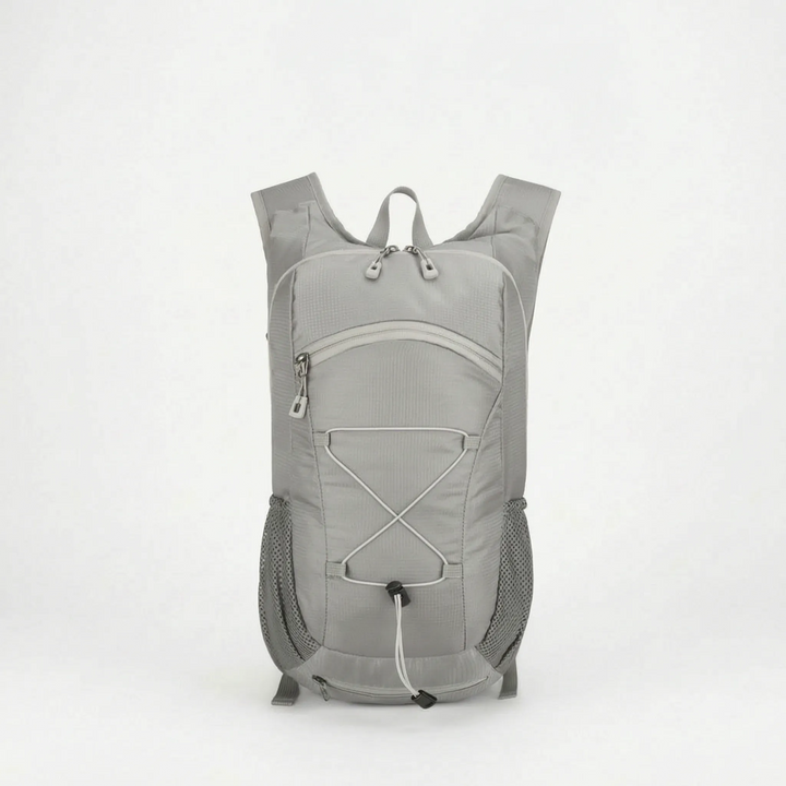 Ergonomic back and padded shoulder straps on a small black tactical backpack, comfy for long outdoor treks.