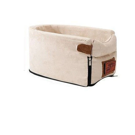 Small dog & cat armrest car safety seat for secure, cozy pet travel, grey fabric.