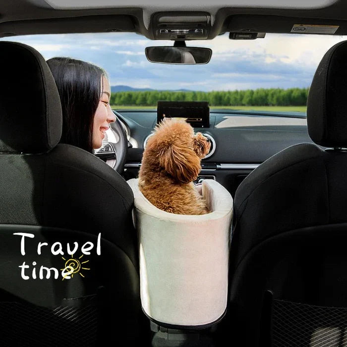 Pet safety booster seat for small dogs & cats, designed for car armrest use, easy installation.