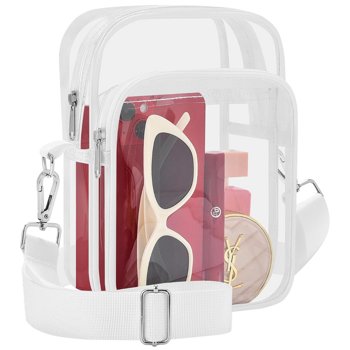 Women's clear stadium bag, a small transparent crossbody purse with a removable, adjustable strap.