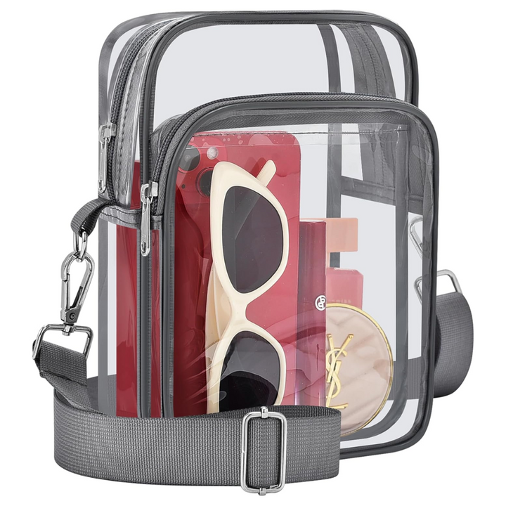 MiniVue small transparent PVC crossbody handbag for women, a stylish clear purse with an adjustable strap.