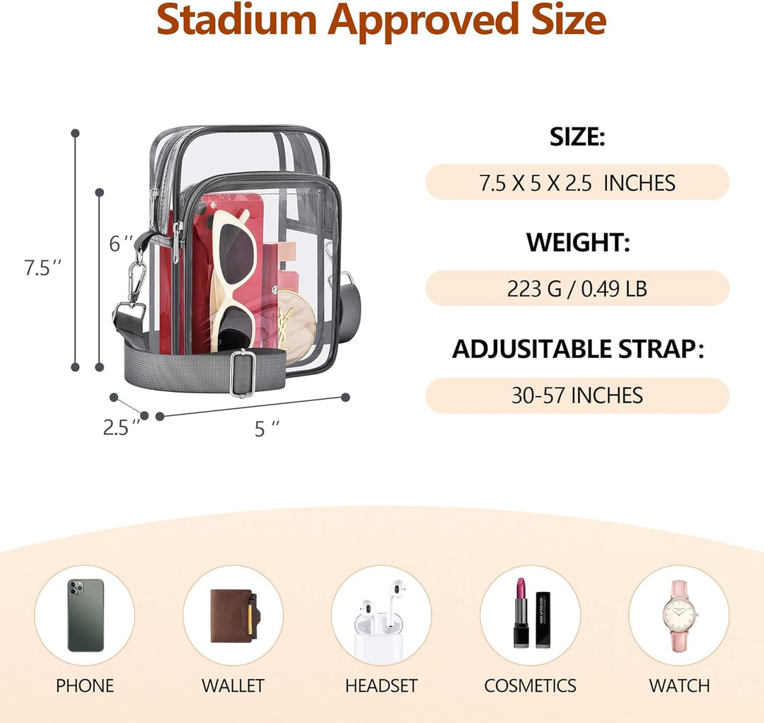 Women's small transparent crossbody stadium bag, made from clear PVC with an adjustable shoulder strap.