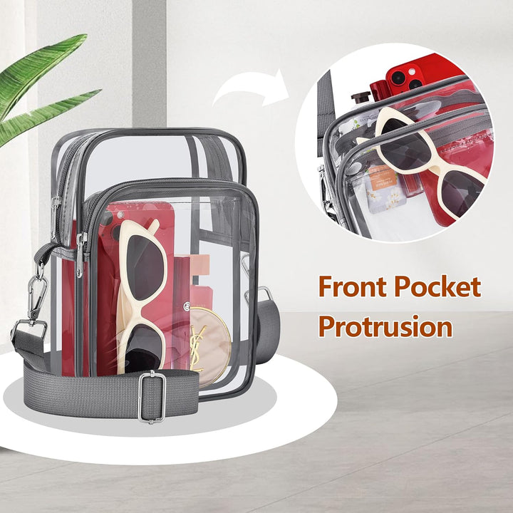 MiniVue women's small clear crossbody bag, a transparent PVC handbag with an adjustable strap.
