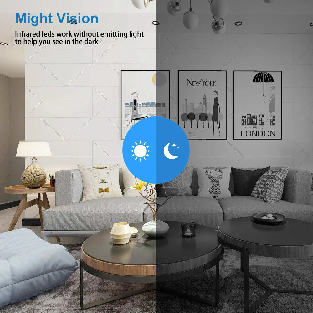 Small wireless camera, HD video, night vision & motion detection for home.