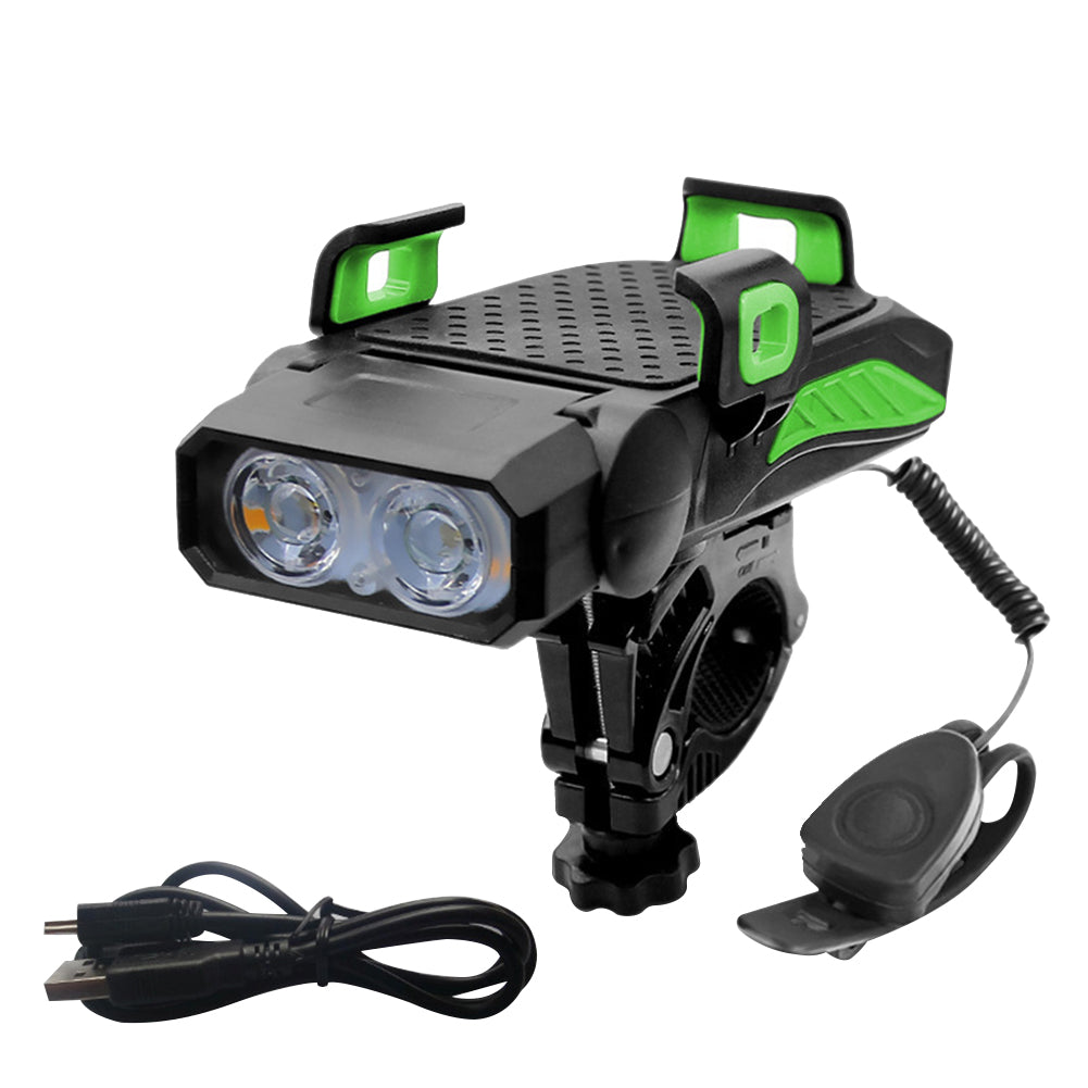 Smart 4-in-1 multi-purpose phone holder with integrated power bank, flashlight, and bike mount