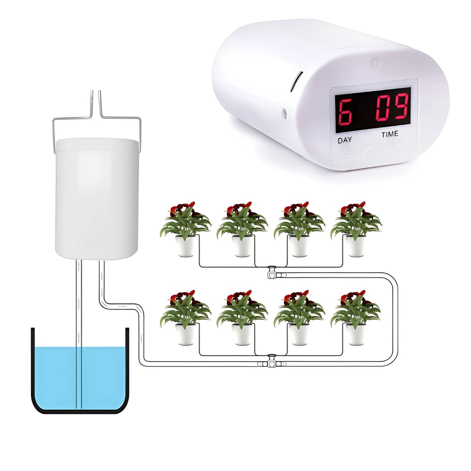 Automatic drip irrigation system with smart timer for home garden & vacation plants.