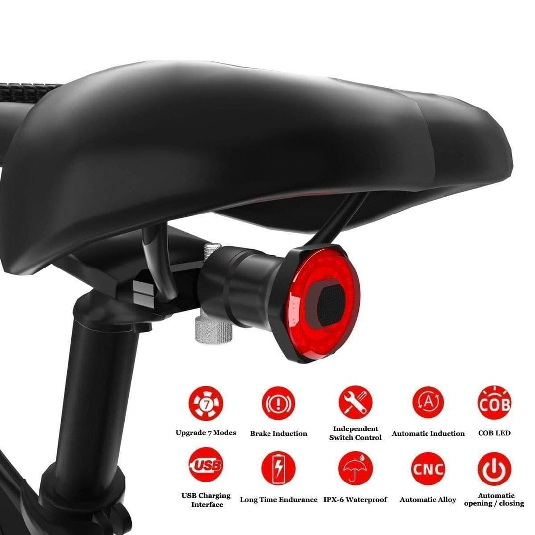 Smart bike tail light with brake sensing, USB rechargeable, enhancing cycling safety for night rides.