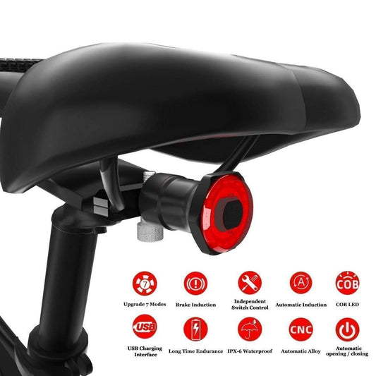 Smart bike tail light with brake sensing, USB rechargeable, enhancing cycling safety for night rides.