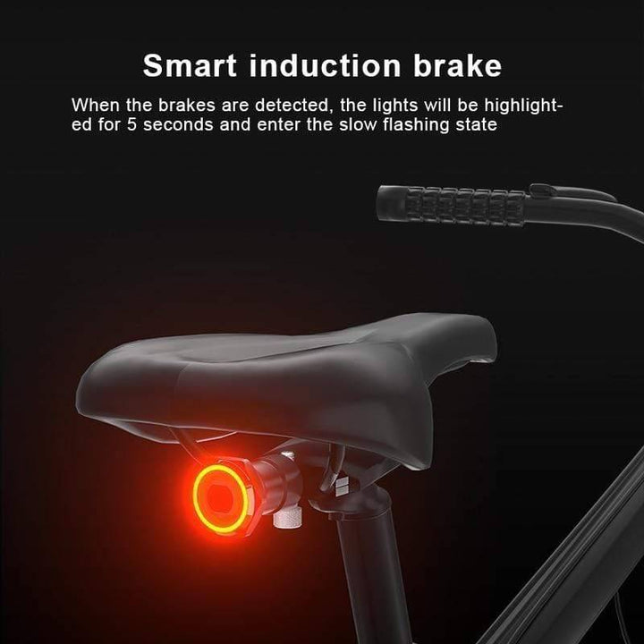 Waterproof smart bike rear light with automatic brake detection, USB rechargeable for bicycles.