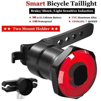 Close-up of a smart bike brake sensing rear light, USB rechargeable, designed for cyclists' safety.