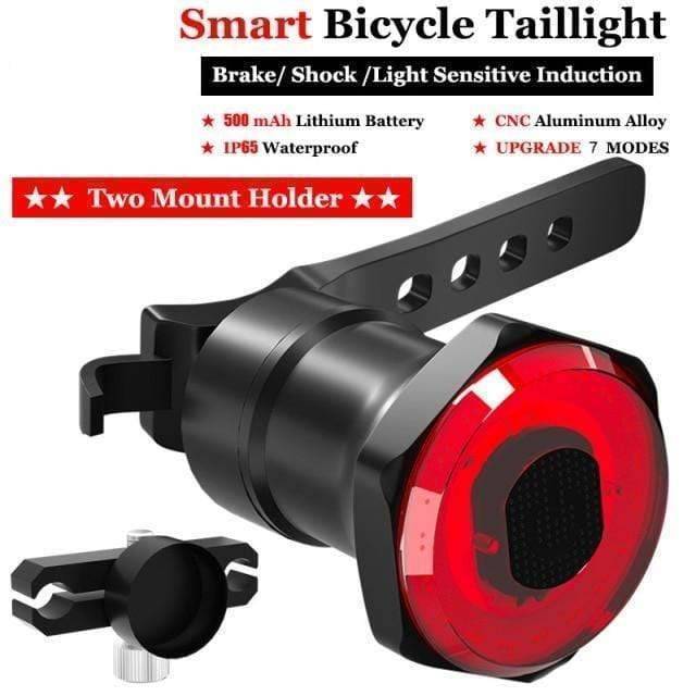 Close-up of a smart bike brake sensing rear light, USB rechargeable, designed for cyclists' safety.
