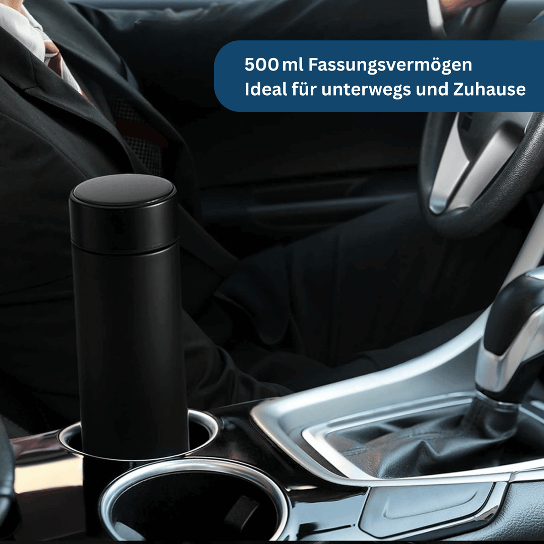 500ml stainless steel smart thermos, digital display showing real-time drink temperature.