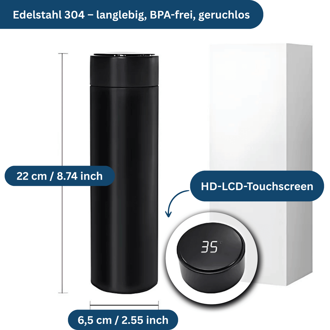 Insulated smart thermos bottle, digital temperature display, ideal for hot or cold beverages.