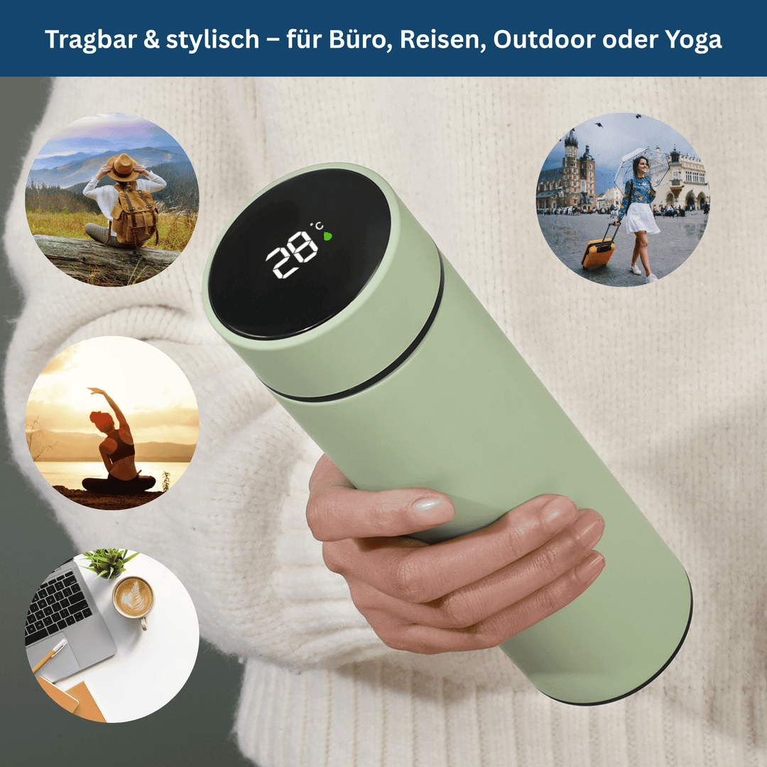 High-tech smart thermos, digital screen showing liquid temperature, 500ml for travel.