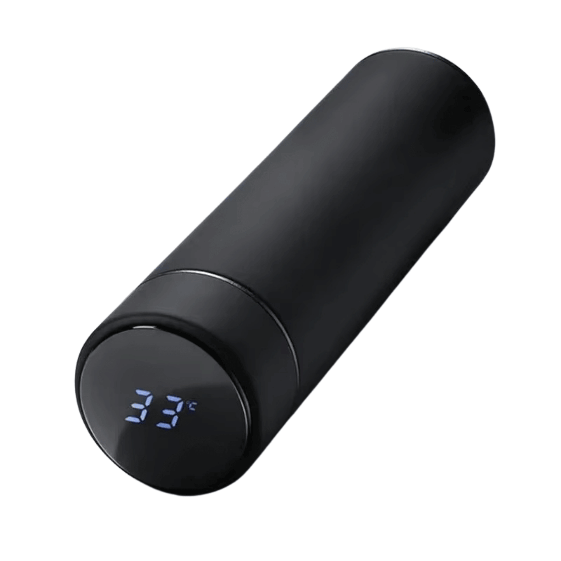 Close-up of smart thermos digital temperature display on a sleek stainless steel bottle.