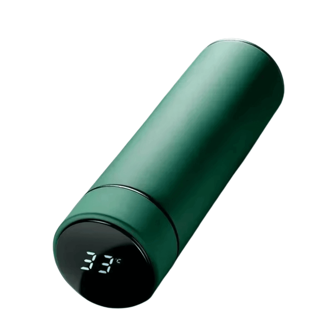 Smart travel mug, 500ml insulated stainless steel with clear digital temperature display.
