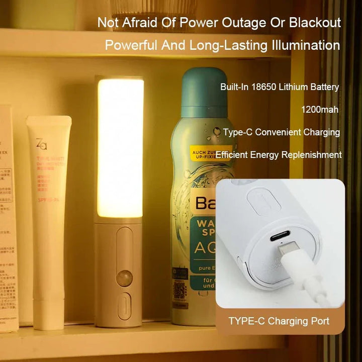 Lumos slim LED night light with motion detection. Rechargeable for versatile placement.