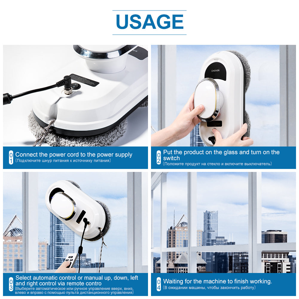 Slim robotic window cleaner with strong suction & auto cleaning function for spotless, streak-free windows.
