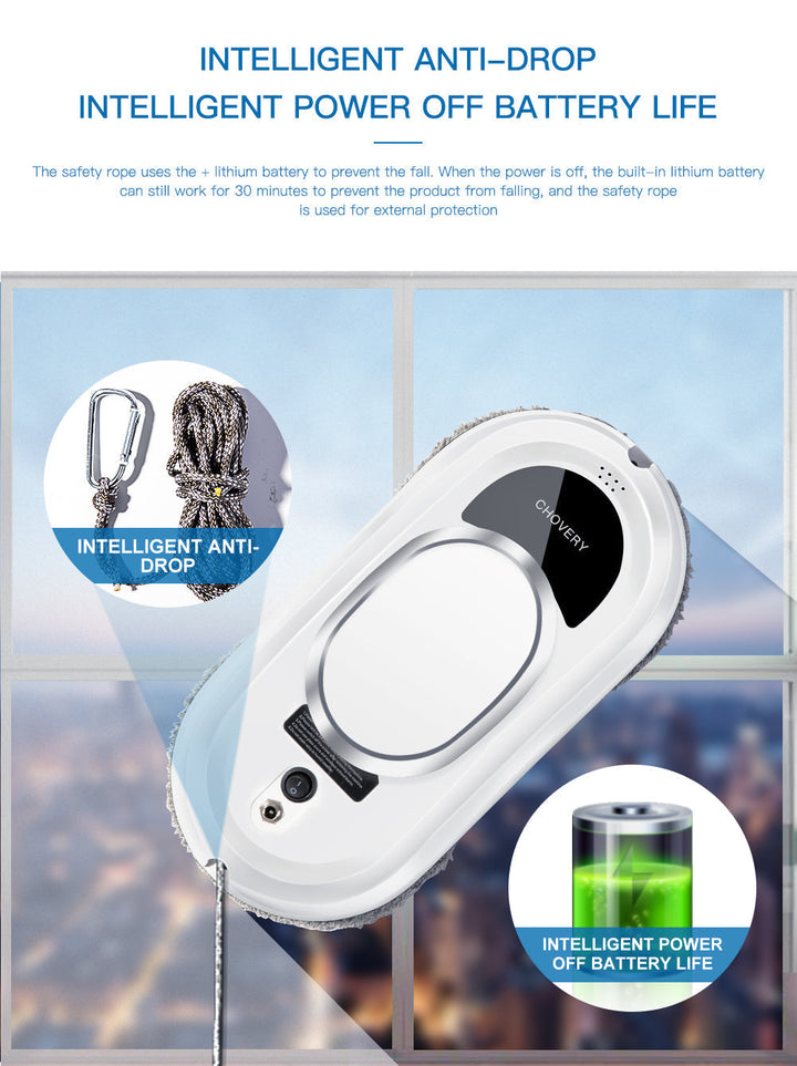 Smart robot window cleaner featuring remote control, automatic vacuum, and streak-free glass washing.