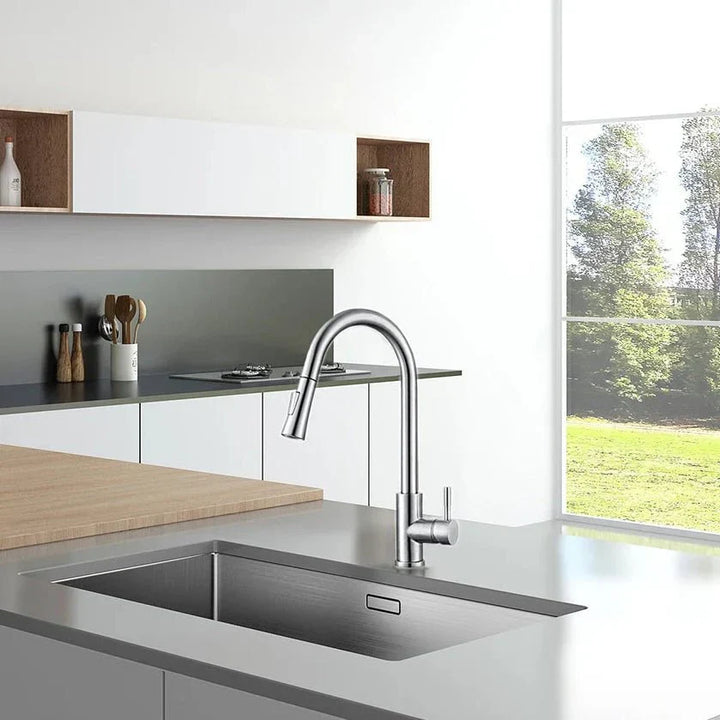 Smart sensor kitchen faucet with pull-out sprayer head, stainless steel, for modern kitchen upgrade.
