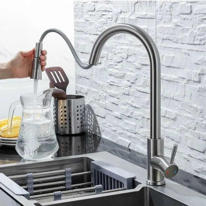Touchless smart sensor kitchen faucet, pull-out sprayer. Modern stainless steel design for home.