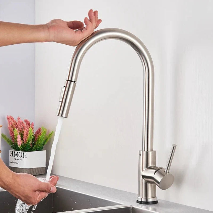 Modern stainless steel smart kitchen faucet, touchless sensor & pull-out sprayer. Easy home improvement.