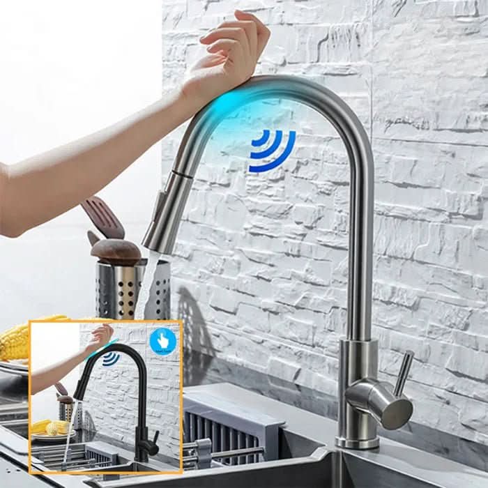 Smart sensor kitchen faucet in stainless steel with pull-out sprayer, enhancing modern home kitchens.