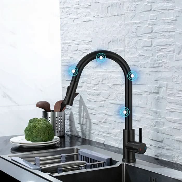 Stainless steel smart sensor kitchen faucet with pull-out sprayer. Perfect modern kitchen fixture.