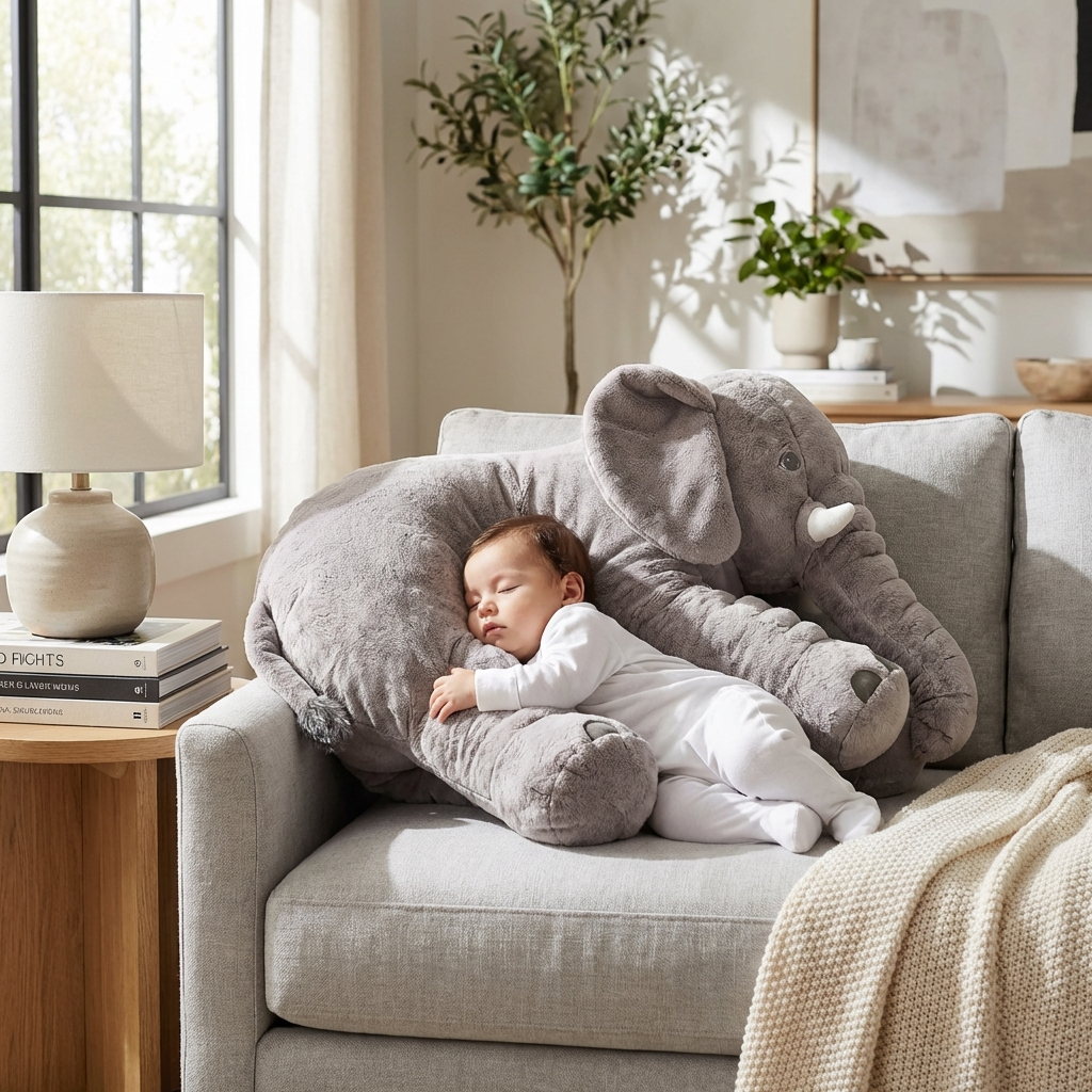 Plush elephant comfort pillow, perfect nursery decor & gentle newborn gift for babies.