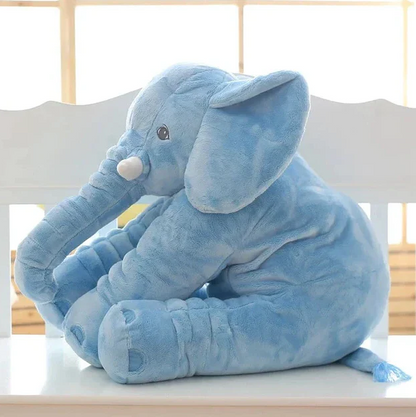 Gray elephant cuddle buddy plush, a soft animal toy for a comforting baby nursery.