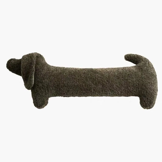 Soft brown Dachshund plush accent pillow, perfect for cozy home decor. Cute animal-shaped throw cushion.