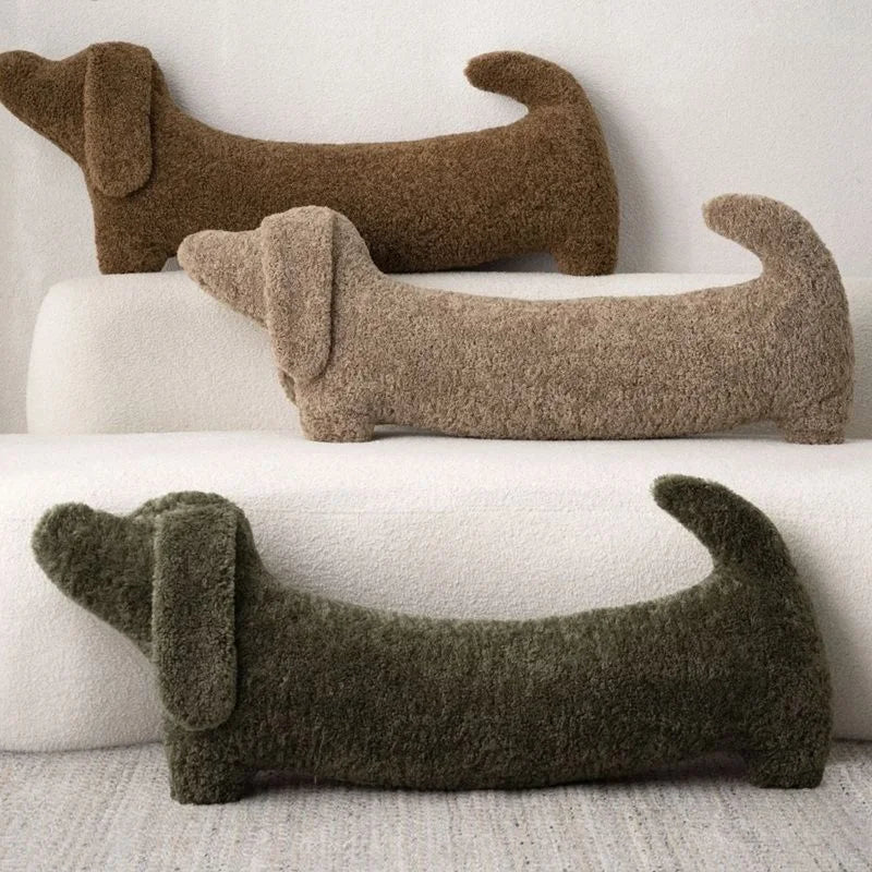 Fluffy Dachshund plush pillow, ideal for cozy home decor. Soft animal-shaped accent cushion.