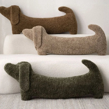 Fluffy Dachshund plush pillow, ideal for cozy home decor. Soft animal-shaped accent cushion.