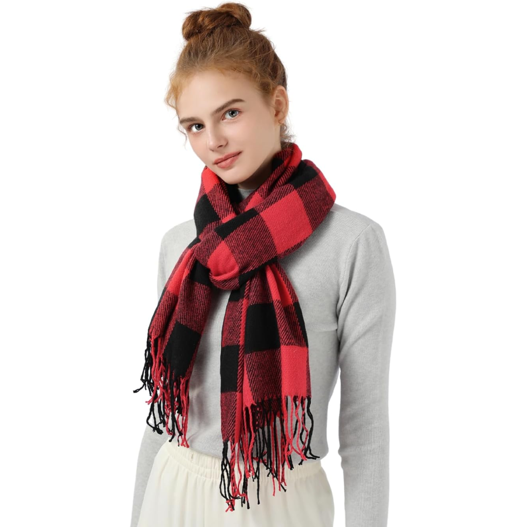 Stylish women's plaid cashmere blend scarf, checked pattern winter wrap. Fashion accessory.