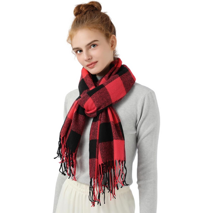 Stylish women's plaid cashmere blend scarf, checked pattern winter wrap. Fashion accessory.