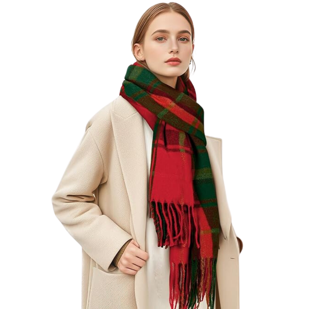 Elegant grey cashmere blend winter scarf for women. Soft, warm, and stylish checked wrap.