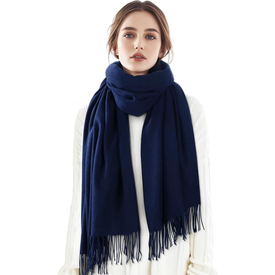 Luxurious cashmere blend winter scarf, ideal women's gift. Soft, warm plaid fashion accessory.