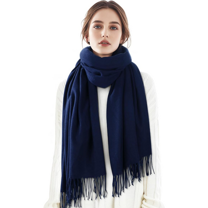 Luxurious cashmere blend winter scarf, ideal women's gift. Soft, warm plaid fashion accessory.