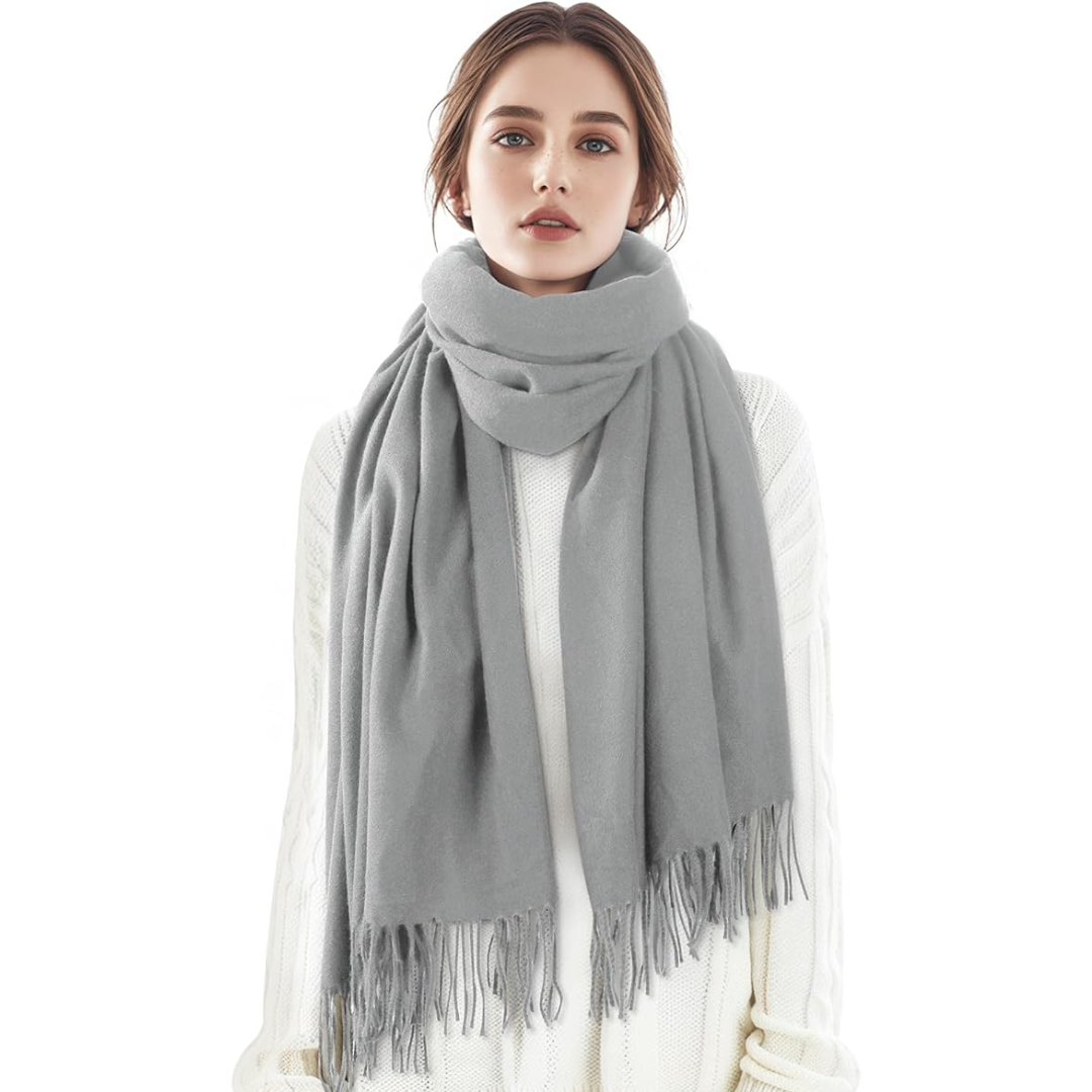 Women's warm cashmere blend winter wrap, soft shawl with stylish checked pattern for cold days.