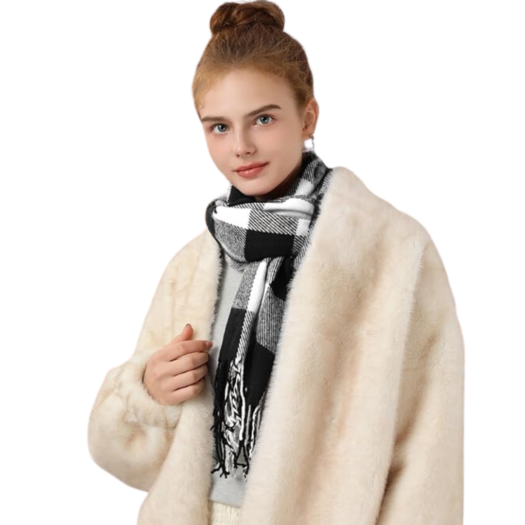 Woman wearing a stylish cashmere blend winter scarf, warm plaid pattern, fashion accessory.