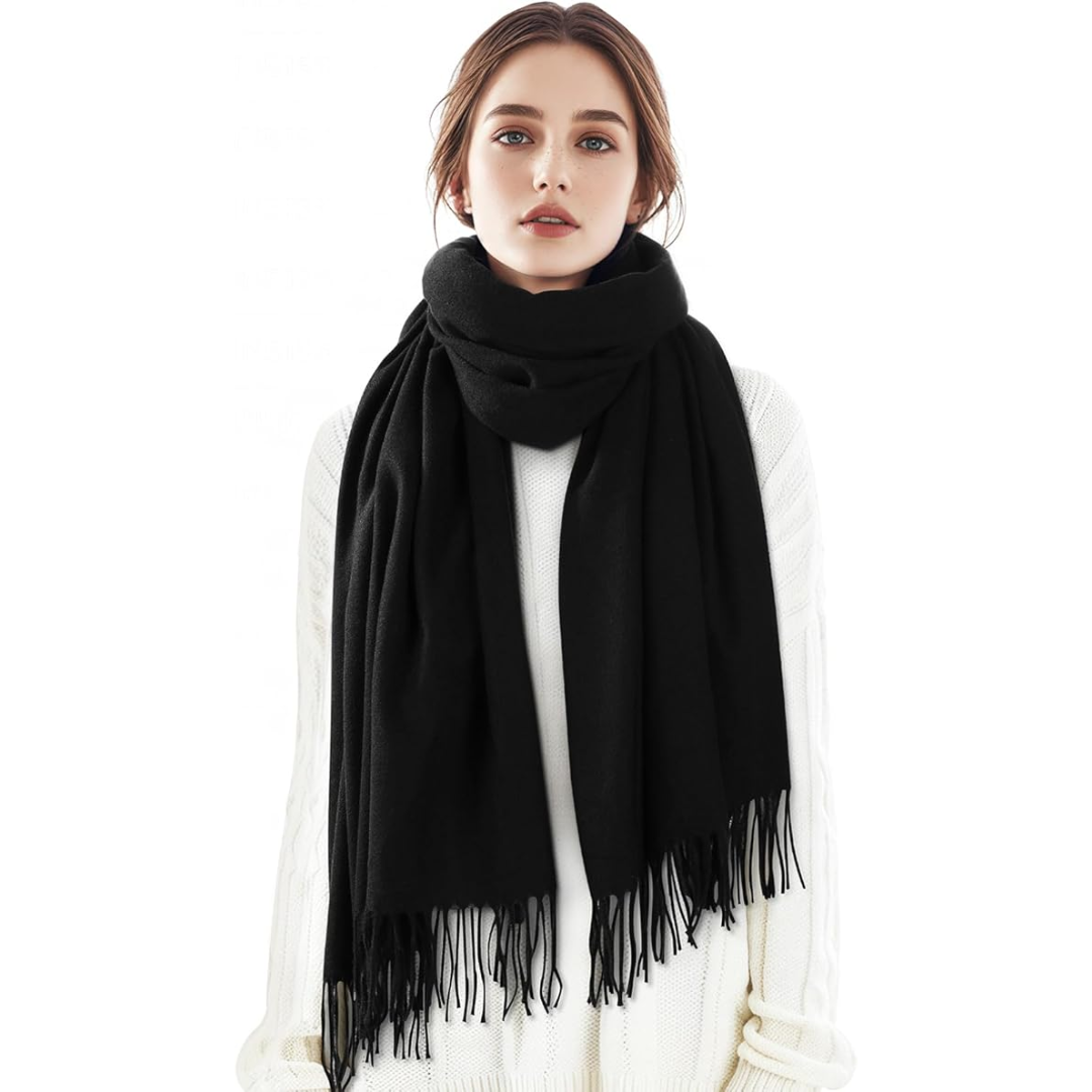 Folded women's soft cashmere blend winter scarf, warm & cozy plaid design. Ready for gifting.